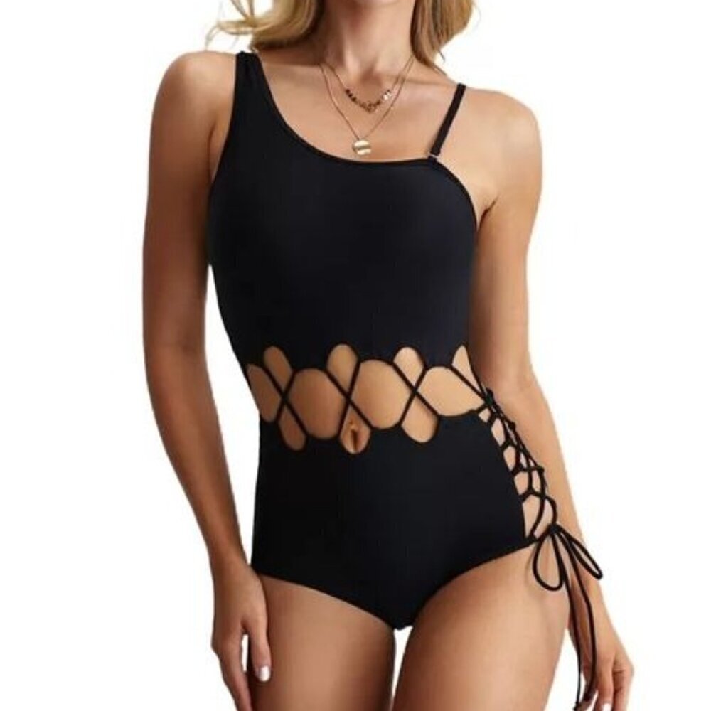 Women's One Piece Side Tie Swimsuit Adjustable Straps Swimwear Sexy Mesh Hollow